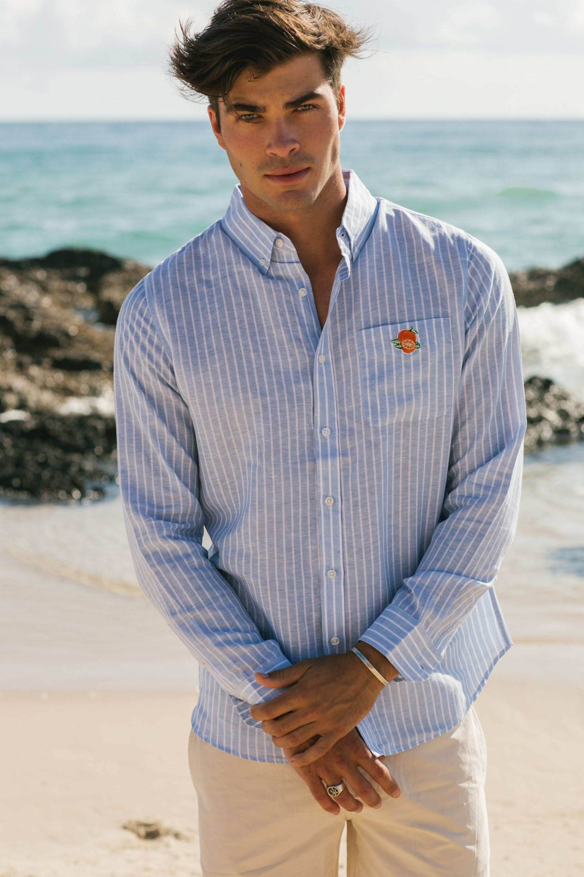 Niccolò: Blue And White Striped Linen Blend Shirt